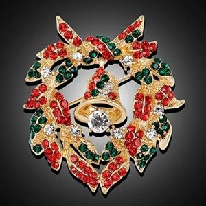 Rhinetone Christmas Heart Bell Wreath Brooch